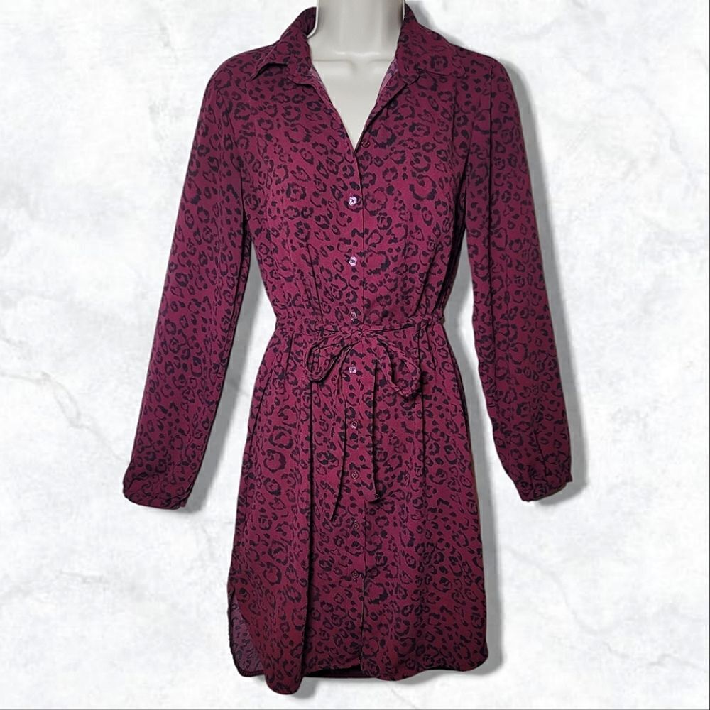 A New Day Maroon Leopard Long Sleeve Synch Waist Button Up Dress